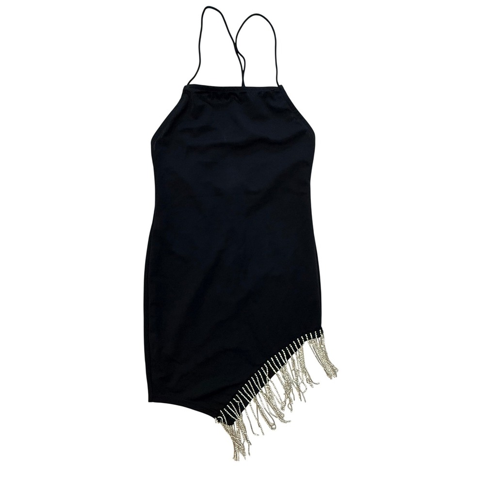 SHEIN Black Rhinestone Fringe Asymmetrical Mini Dress XS Halter Backless Party